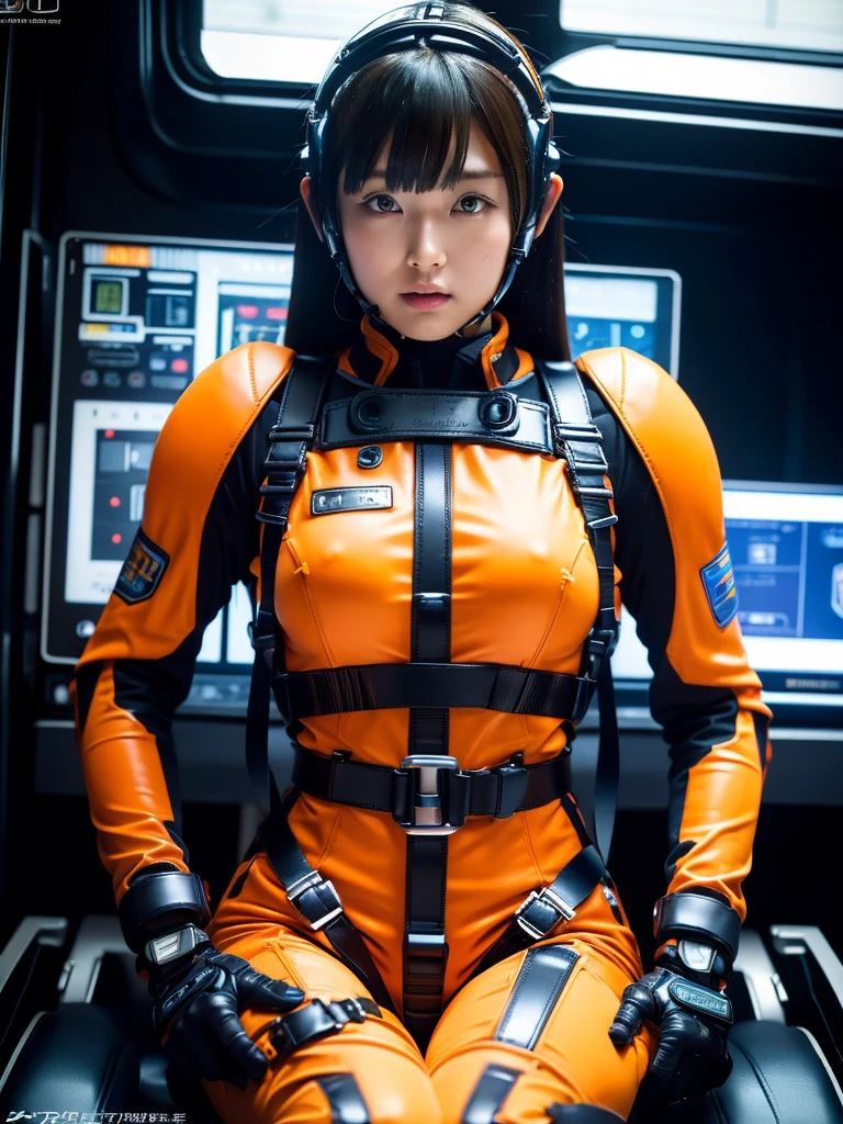 masterpiece, Highest quality, Very detailed, Japanese Android girl,Plump,Slightly thicker,Control panel,Android,cyborg,Blunt bangs,Sitting in the cockpit,Orange combat suit,Black wide harness belt,Helmet