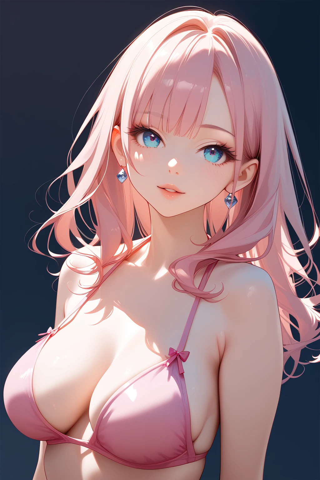 (high quality,8k,masterpiece) upper body portrait of 1 girl, beautiful detailed eyes, beautiful detailed lips, extremely detailed face and skin, long eyelashes, wearing pink bikini, perfect breasts, soft lighting, warm color tones