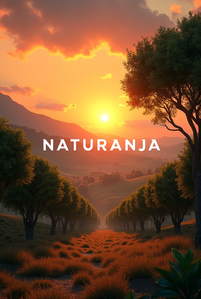 Give me an image of orange orchards with a deep perspective and a sunset in the background and the word in the middle that says “NATURANJA” in capital letters and big words in white and black outline