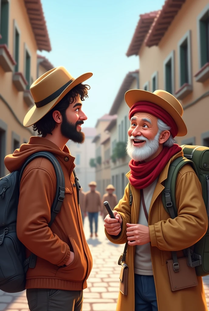 An image of a traveler chatting with a local on a picturesque street. The traveler is using phrases in the local language, and the local is smiling and responding kindly. The scene conveys a sense of connection and cordiality., with a typical architecture in the background.
