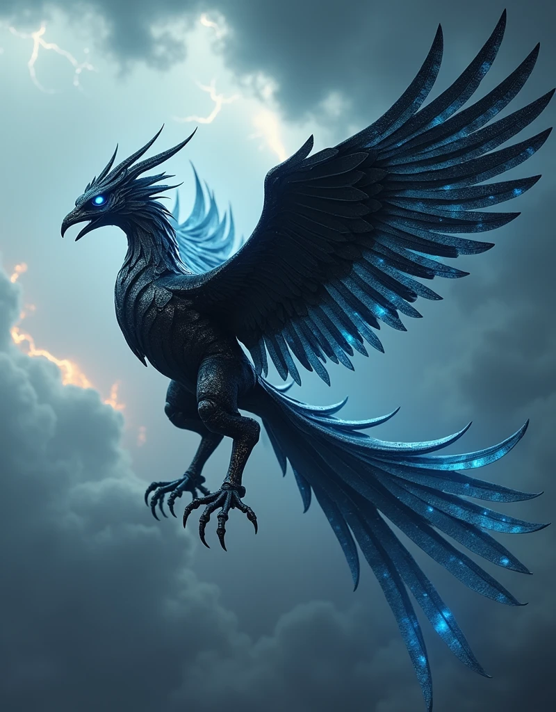 a phoenix robot from black metal, soaring on the sky, metal reflection body, cinematic lighting, spreading the wings and gliding, gliding pose, glowing blue eyes, glowing blue wings, glowing steel blue tails, glowing blue iron claw, vivid color, dark cloud and thunder sky background, vibrant lighting color