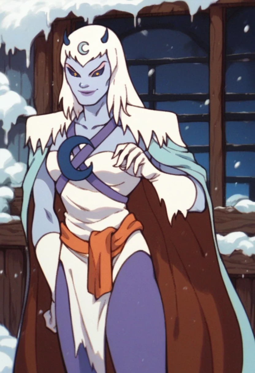 score_9, score_8_up, score_7_up, score_6_up, score_5_up, score_4_up, chilla, thundercats, icicles, standing, cape, smile, colored skin, white hair, long hair, solo, black sclera, yellow eyes, score_9, source_anime, room, window, snow outside