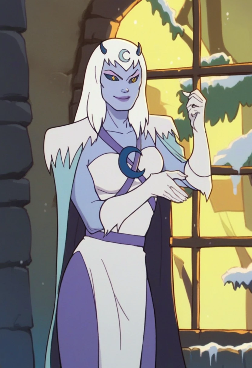 score_9, score_8_up, score_7_up, score_6_up, score_5_up, score_4_up, chilla, thundercats, icicles, standing, cape, smile, colored skin, white hair, long hair, solo, black sclera, yellow eyes, score_9, source_anime, room, window, snow outside