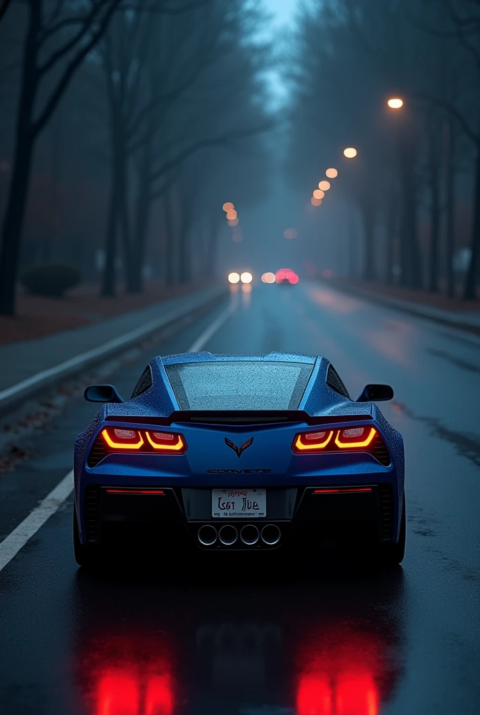 A. Matte Midnight blue corvette wiper on road in night same car different angles