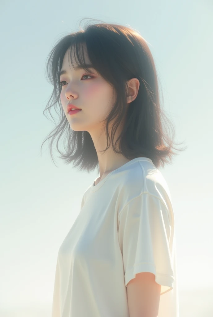 Light layered style、Transparent woman、young、White T-shirt、Medium Hair、