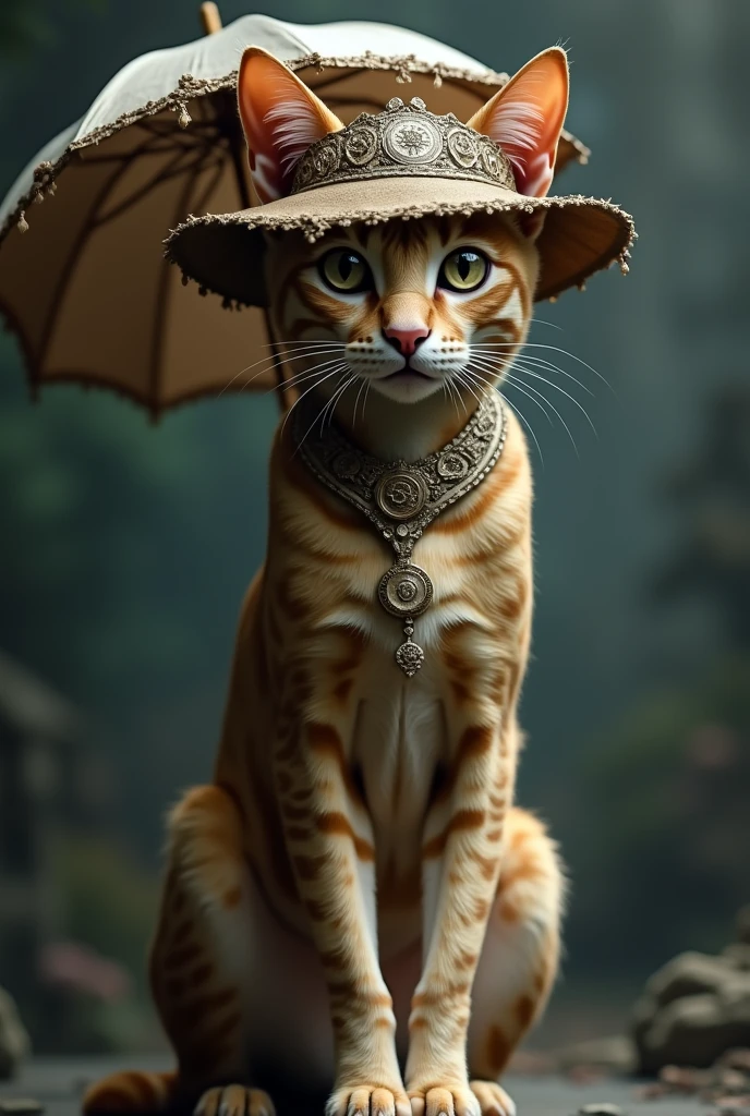 A sphinx cat wearing a hat with an umbrella
