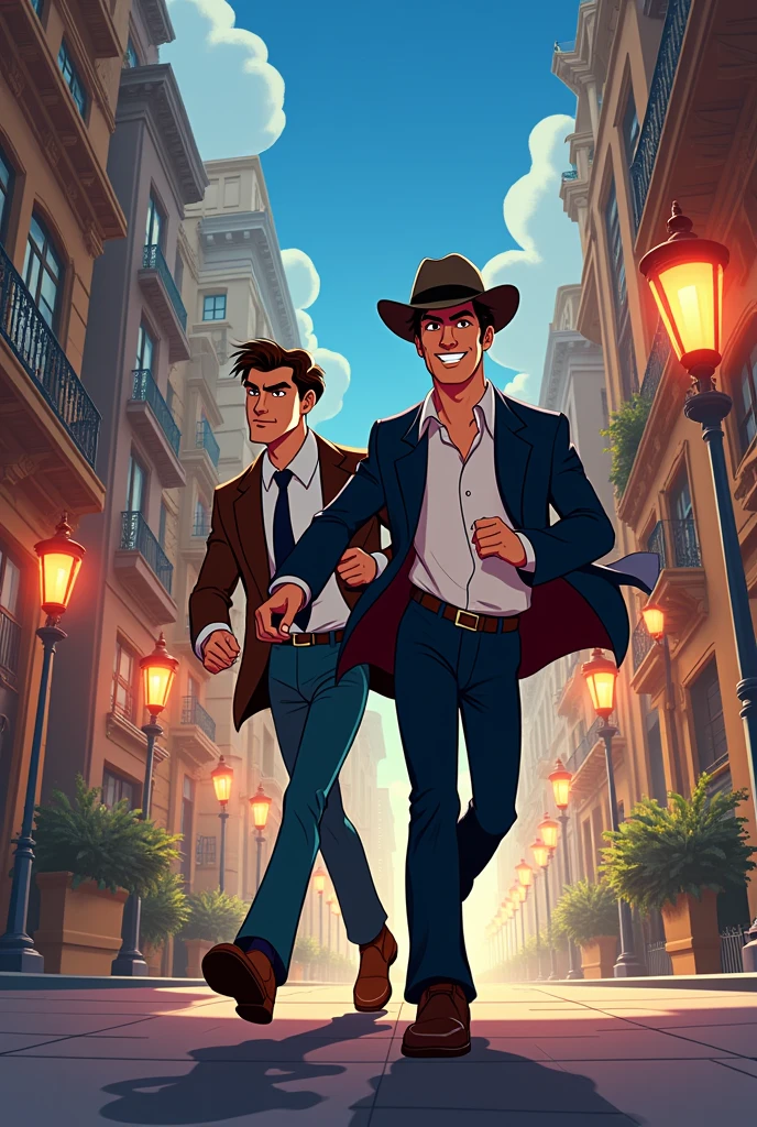 Create a disney Renaissance era 2d movie cartoon style of the two protagonists from white collar tv show, neal Caffrey with fedora (Matt bomer) and Peter Burke (tim dekay)