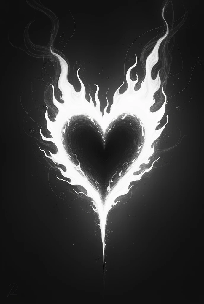 A heart burning with a lot of fire in black and white