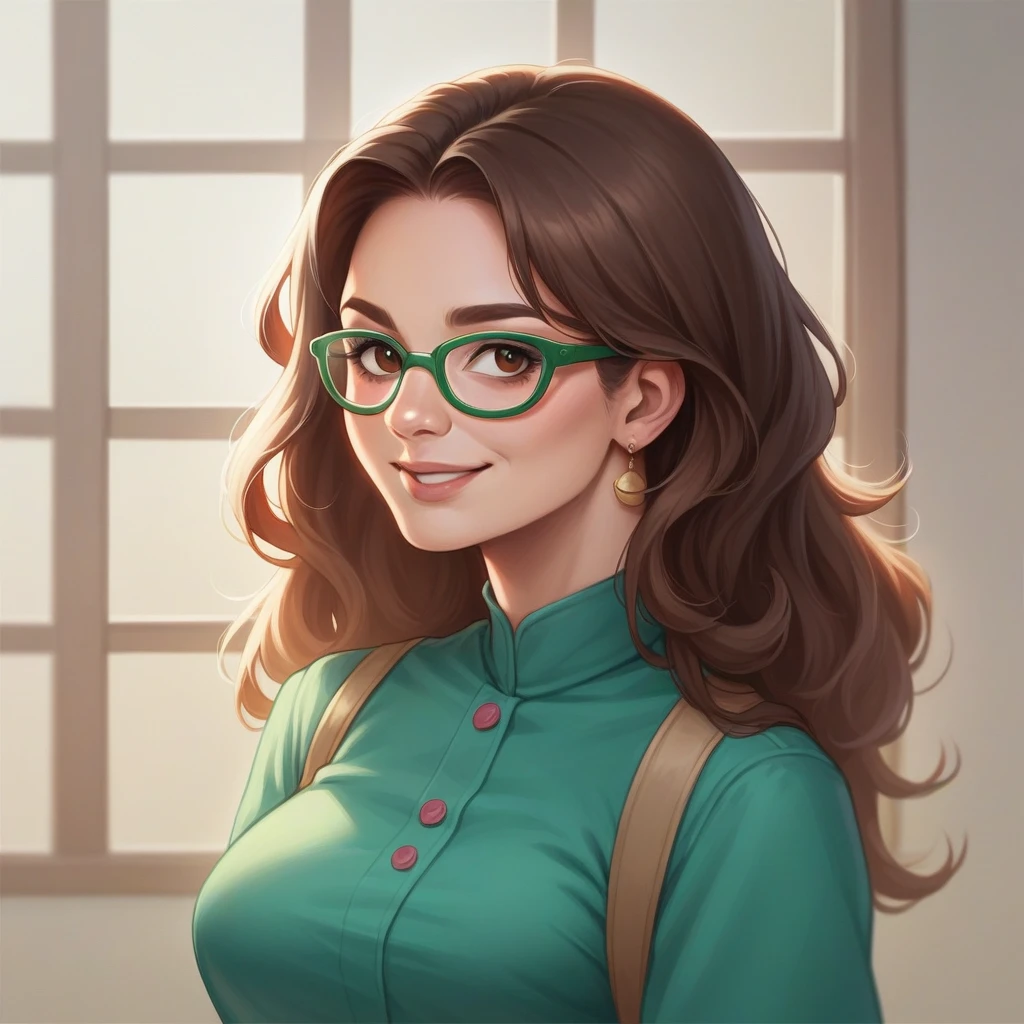 
"A photorealistic portrait of a 20-year-old Indian woman with enchanting big brown eyes, dressed in a chic jam suit that complements her bright personality. She is seated in a cozy café, with green-framed glasses adding a touch of charm to her look. The image is high definition, showcasing her radiant smile, while soft natural light streams in through the café window, creating a warm and inviting atmosphere