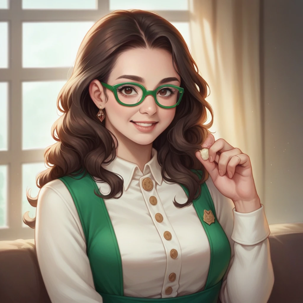 
"A photorealistic portrait of a 20-year-old Indian woman with enchanting big brown eyes, dressed in a chic jam suit that complements her bright personality. She is seated in a cozy café, with green-framed glasses adding a touch of charm to her look. The image is high definition, showcasing her radiant smile, while soft natural light streams in through the café window, creating a warm and inviting atmosphere