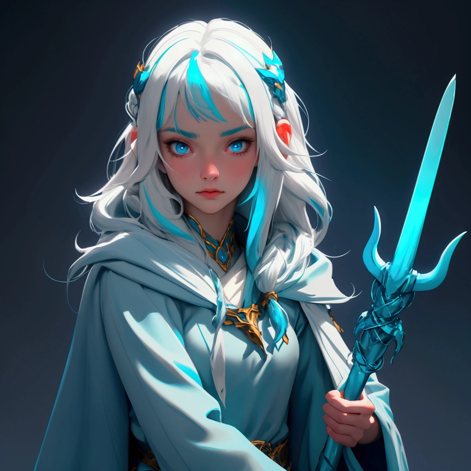 envision a 8k, highres, cinematic, close up portrait of an Atlantean girl named Gawr Gura with shoulder length white hair with blue highlights in a blue shark hoodie holding Poseidon's trident against a dark gray background