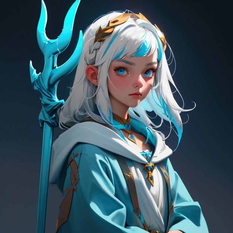 envision a 8k, highres, cinematic, close up portrait of an Atlantean girl named Gawr Gura with shoulder length white hair with blue highlights in a blue shark hoodie holding Poseidon's trident against a dark gray background