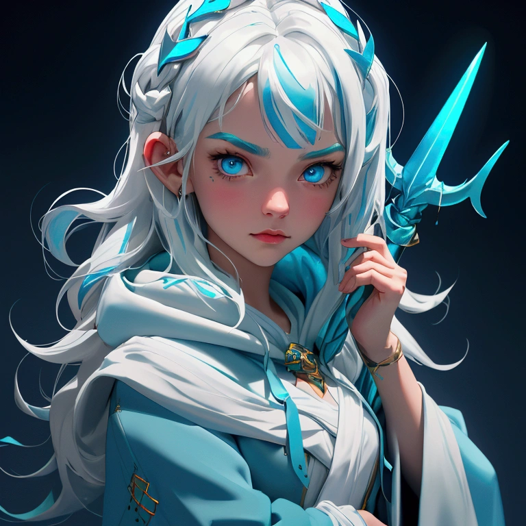 envision a 8k, highres, cinematic, close up portrait of an Atlantean girl named Gawr Gura with shoulder length white hair with blue highlights in a blue shark hoodie holding Poseidon's trident against a dark gray background