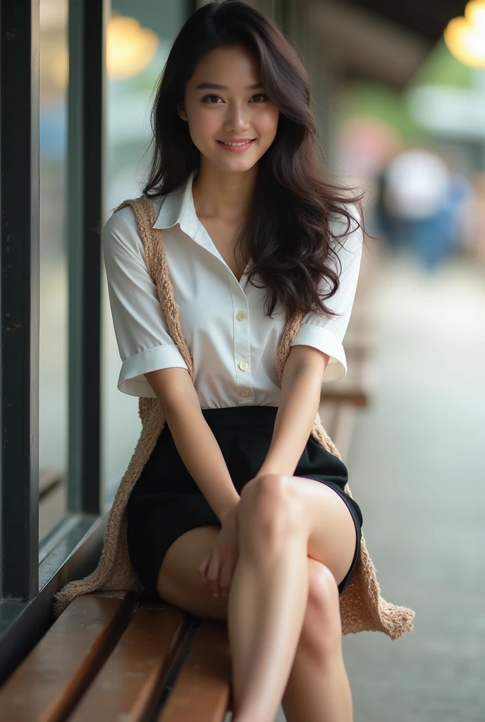 (masterpiece, best quality, best quality, Very detailed, rich and colorful, Most Detailed, dreamy atmosphere, bright colors, Real photos, Real skin. surreal, one person, Indonesian Chinese girl, Medium long hair, A faint smile, Delicate skin, Street background, Slender figure, Sitting on a bench, ((spread your legs)), morning time, Small Breasts. She was wearing a white short-sleeved collared shirt, (cardigan:1.2) Black pencil miniskirt, open toe high heels, Revealing her white silk, Studio front soft lighting