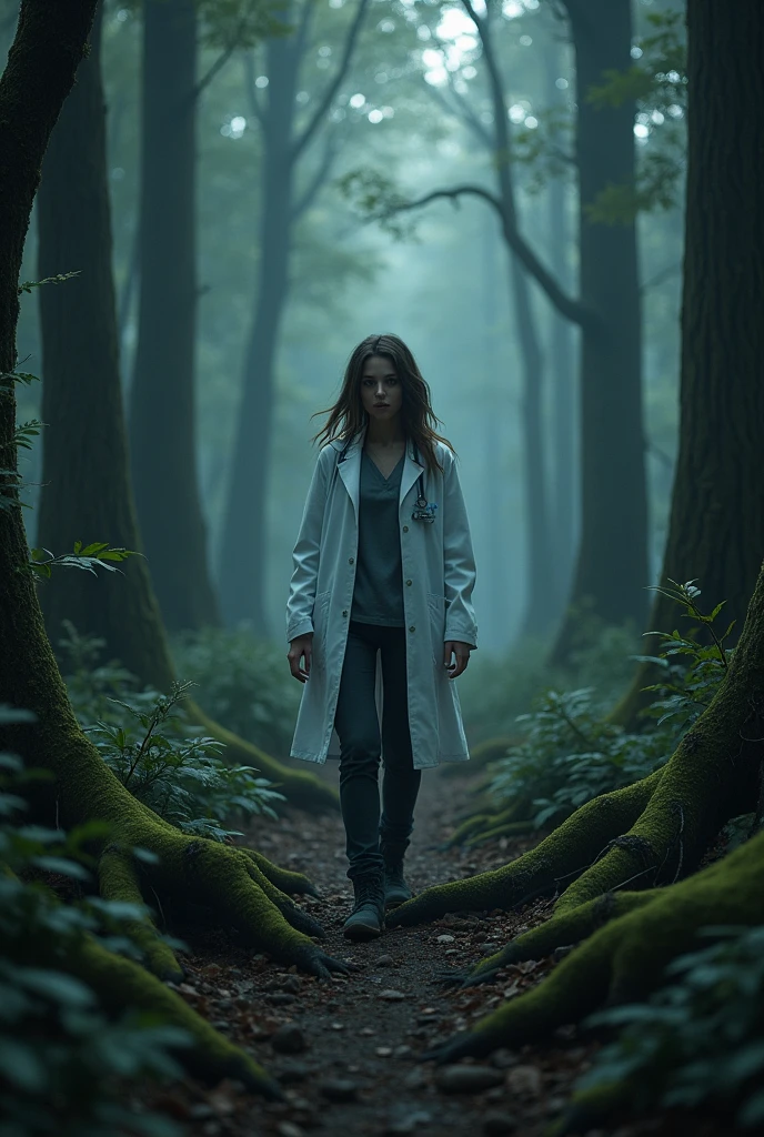 A scared doctor woman in forest