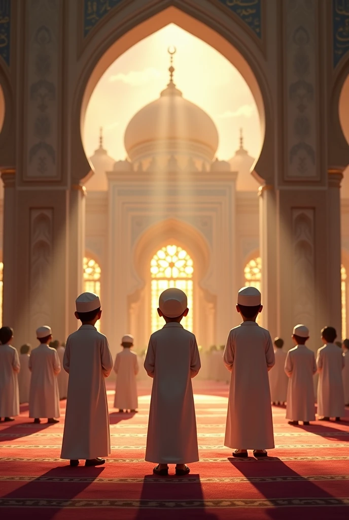 Muslim children praying in a mosque