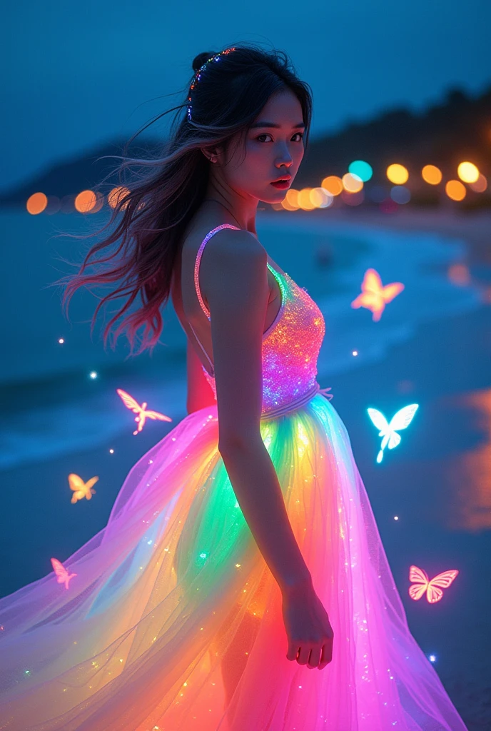 A stunning high-quality photo of a beautiful korean woman with loose, luminescent hair standing by a serene beach at night. She wears a radiant and colorful dress that exudes a spectrum of colors, resembling a rainbow. 3D name 'R Gaming' in luminescent rainbow letters, at the bottom of the image. There are small bioluminescent butterflies and a large rainbow-colored hummingbird that emanates a bright light. The intricate details and luminescence of the dress are accentuated by the surrounding water and shimmering orbs, creating a magical and ethereal atmosphere., photo, typography, 3d render, vibrant