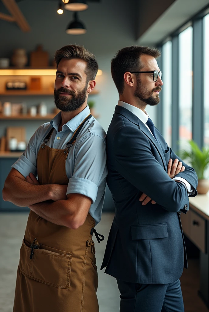  Entrepreneur with apron vs businessman horizontally
