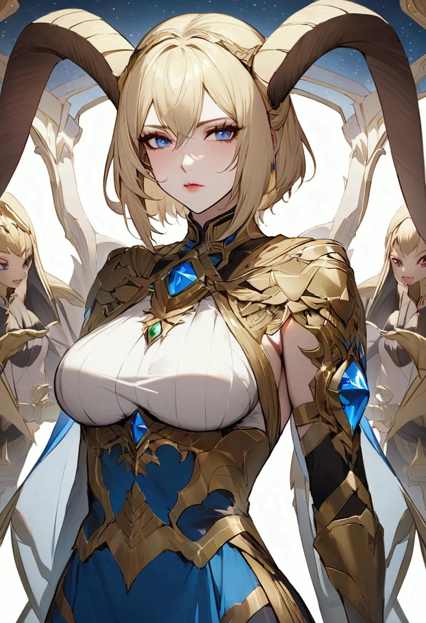 (Huang Li、high quality、Extremely detailed),Constellation - Goddess Capricorn,Giant goat,Woman petting a goat,Similar to Latin goodness,brave,capricious,Productivity,The face of enterprising and humanitarianism,Blonde short hair,Ancient Greek costumes、Wrap Dress,The background is the ocean,Crystal blue eyes(Eyes Details),Powerful appearance