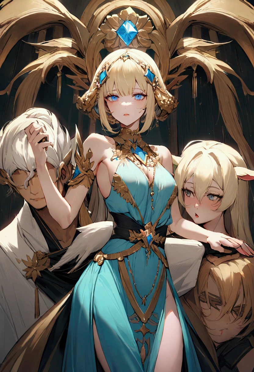 （Huang Li、high quality、Extremely detailed），Constellation - Goddess Capricorn，Giant goat，Woman petting a goat，Similar to Latin goodness，brave，capricious，Productivity，The face of enterprising and humanitarianism，Blonde short hair，Ancient Greek costumes、Wrap Dress，The background is the ocean，Crystal blue eyes（Eyes Details），Powerful appearance