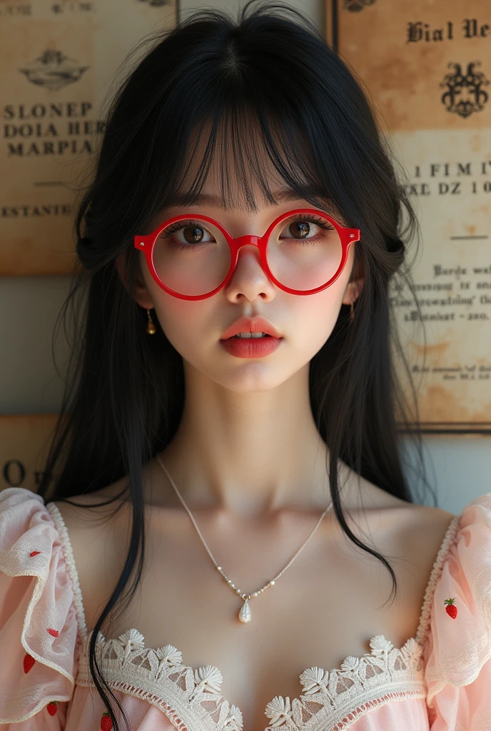 Alla Fedora Image of a girl in a white lace dress with Leonardo da Vinci's notebooks in the background, A stunningly young and elegant person, Magical Girl Portrait, Portrait of a Young Witch girl, wearing steampunk clothing, Musician girl in lace clothes, Natalia Dyer, Dafne Keen, Portrait of a Young Witch, Has magical powers, Inspired by Irakli Nadar, Inspired by William Muster Lockhart, Highest quality, detailed, detailed, Tabletop, high resolution, up Pale pink An antique dress with a red strawberry pattern Red glasses Black hair straight Hime cut refer to5Book alone