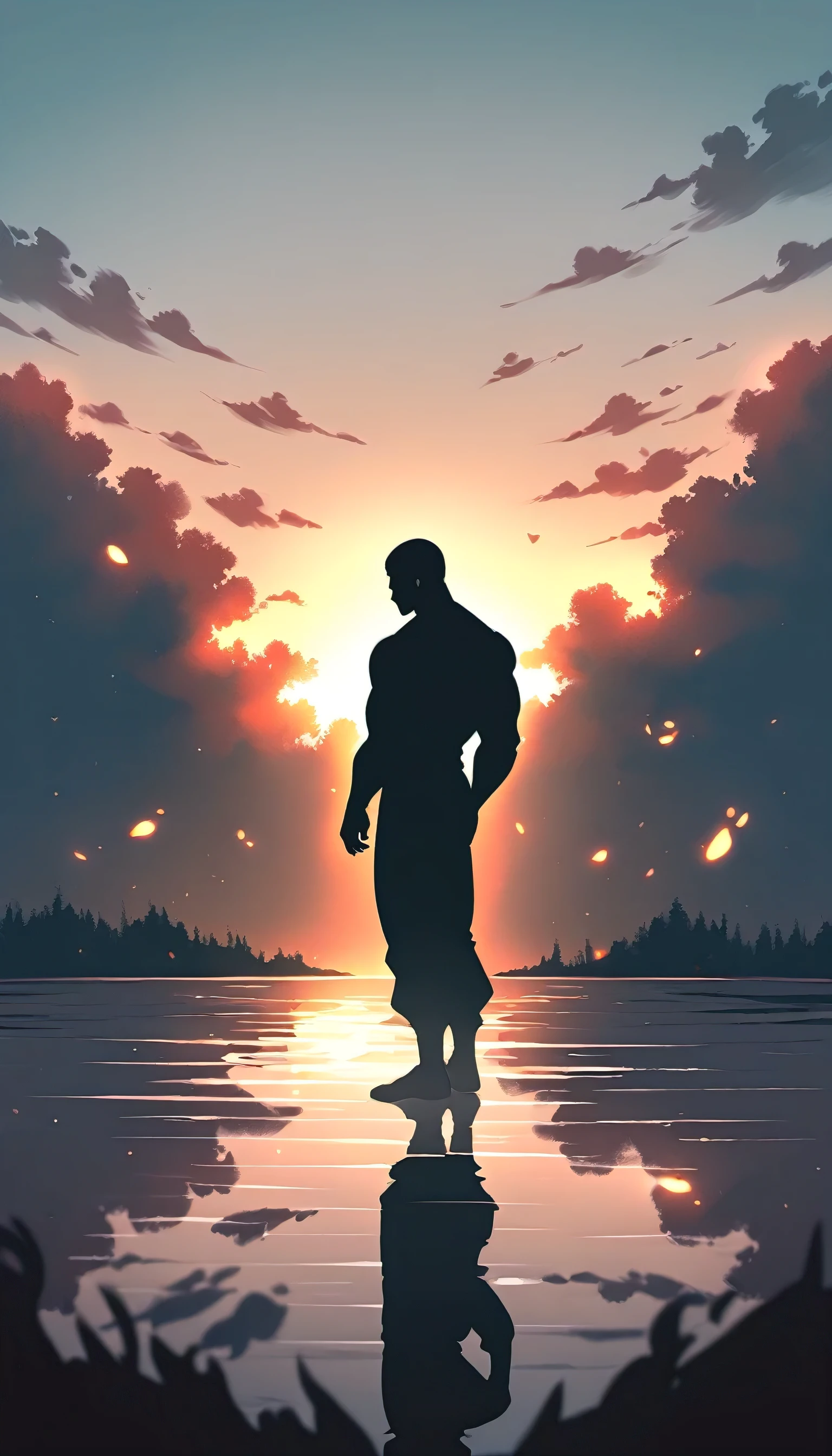 A Strong Buddhist muscular man stands in the smoke, Black jumpsuit, Very tight, Silhouette effect, Tall muscular man, Priapus, Dark Black, Dark black skin, Buzz Cut, His muscles are very developed, Very tall, short hair, Blend into the smoke, Lake, Reflection, Sunset, Sunset, Man silhouette, Chinese, black and white, Simple style