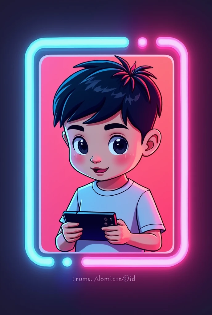 Logo modern dengan elemen kreatif disertai frame dan background warna neon, dengan maskot kartun anak laki-laki china, model rambut undercut hitam, memakai kaos, sedang bermain game di handphone miring dan dengan tulisan 'iruma domain @ID'.