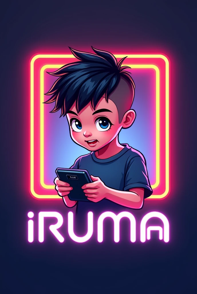 Logo modern dengan elemen kreatif disertai frame dan background warna neon, dengan maskot kartun anak laki-laki china, model rambut undercut hitam, memakai kaos, sedang bermain game di handphone miring dan dengan tulisan 'iruma domain @ID'.