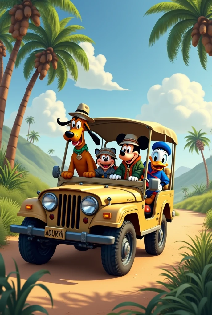 Pluto Goofy Mickey Donald Duck Disney in Safari Outfit Inside a Jeep