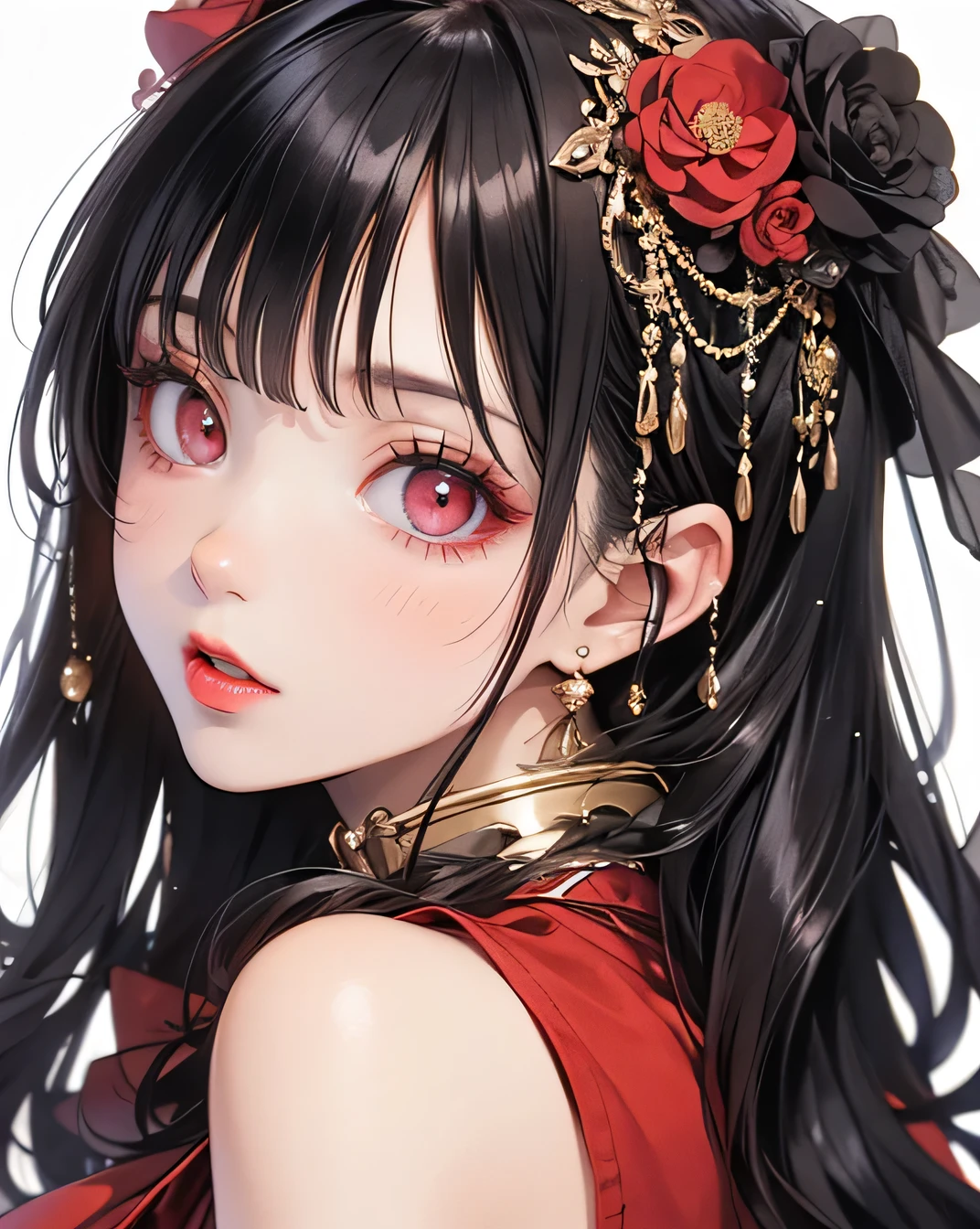 (masterpiece),(Highest quality:1.0), (Ultra-high resolution:1.0), Detailed illustrations, 8k, anime, One person, beautiful anime girl, Wearing a red dress, Flower Crown, Pretty face, Detailed face, Beautiful Eyes, Detailed eyes, Dark red eyes, Bright red lips, Red lipstick, Beautiful and stylish hair, Hair highlights, bangs anime style, Highest quality, Vibrant