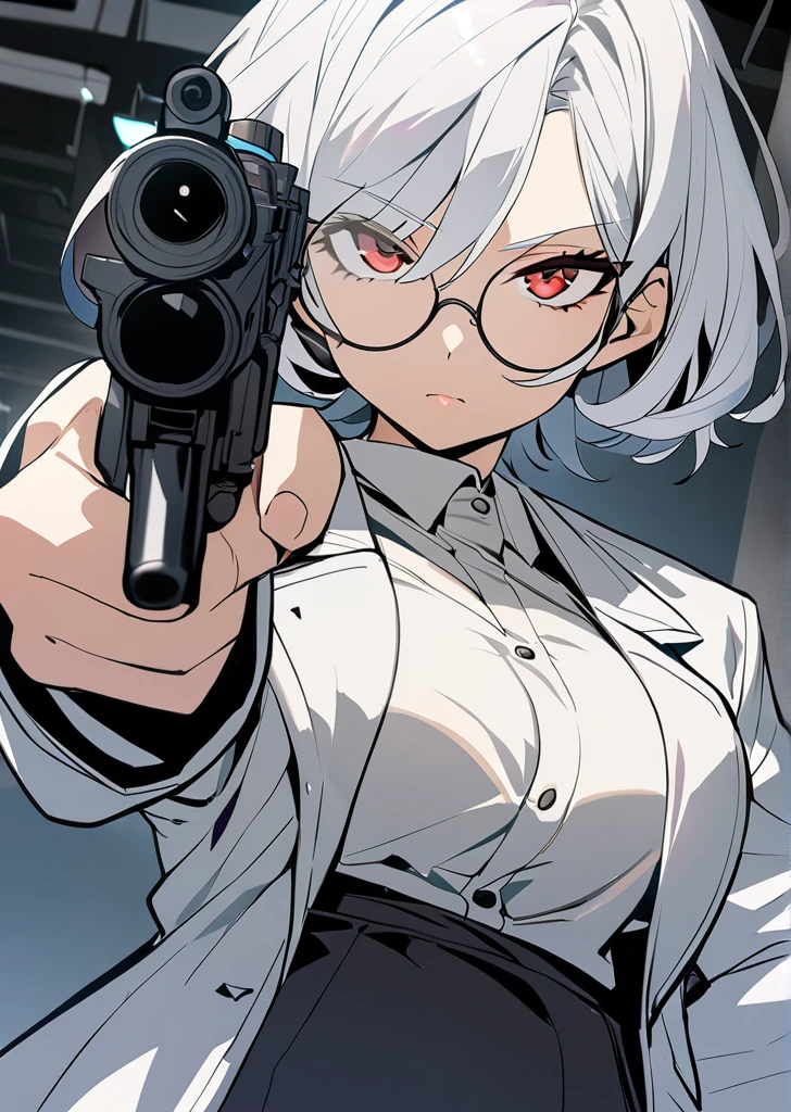 1 girl, scientist, pointing a gun, short hair, scientist coat, round glasses, crimson eyes, white hair, mature lady, 8k, 4k masterpiece perfect body, anime girl