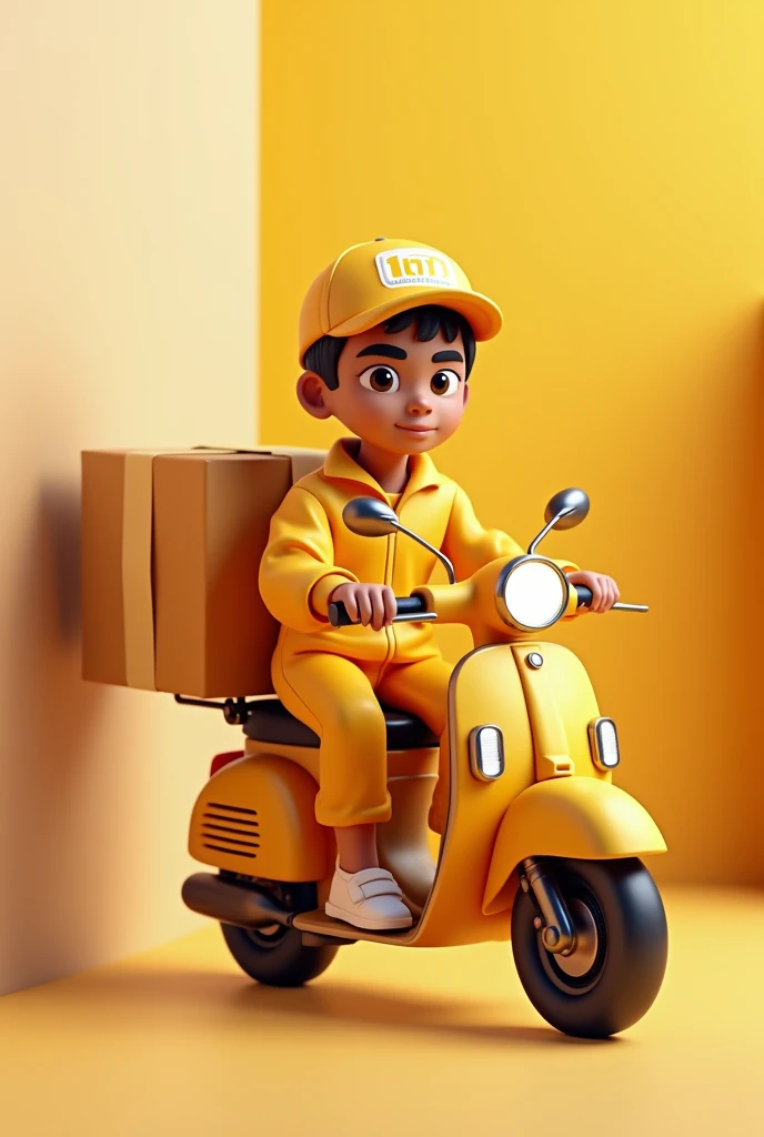  driver with motorcycle, in golden clothes making delivery, not uniform written Fut_Storesz11, 3D Disney pixel style image, minimalist I want a brown delivery man and the hat says Fut_Storesz11. sem beard.  new 20 year old 