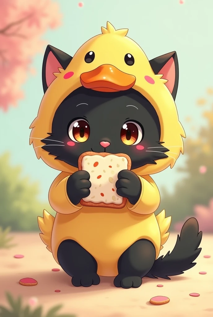 British Shorthair，Anime Touch，Baby Cat，Black cat，Cat in a duck costume、Eating a sandwich