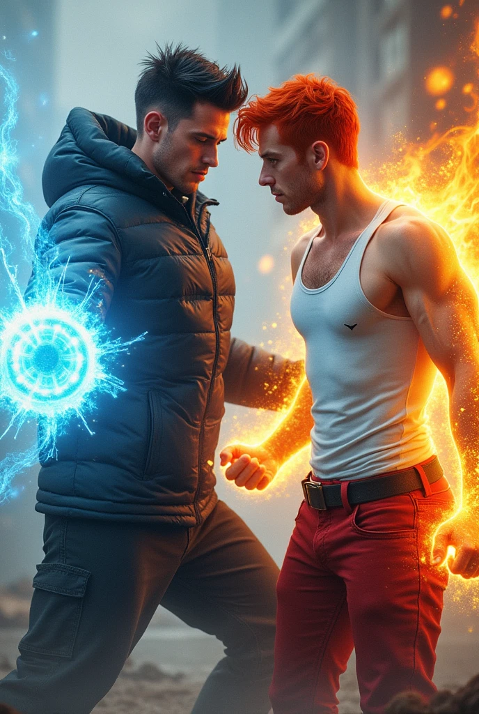 two mens, one of them is redhead, violet eyes, white fair skin, warm clothing, and using subatomic ice powers. The other guy, has a quiff and black hair, white fair skin, greeneyes, White tank top, red jeans, stark, and has fire powers.