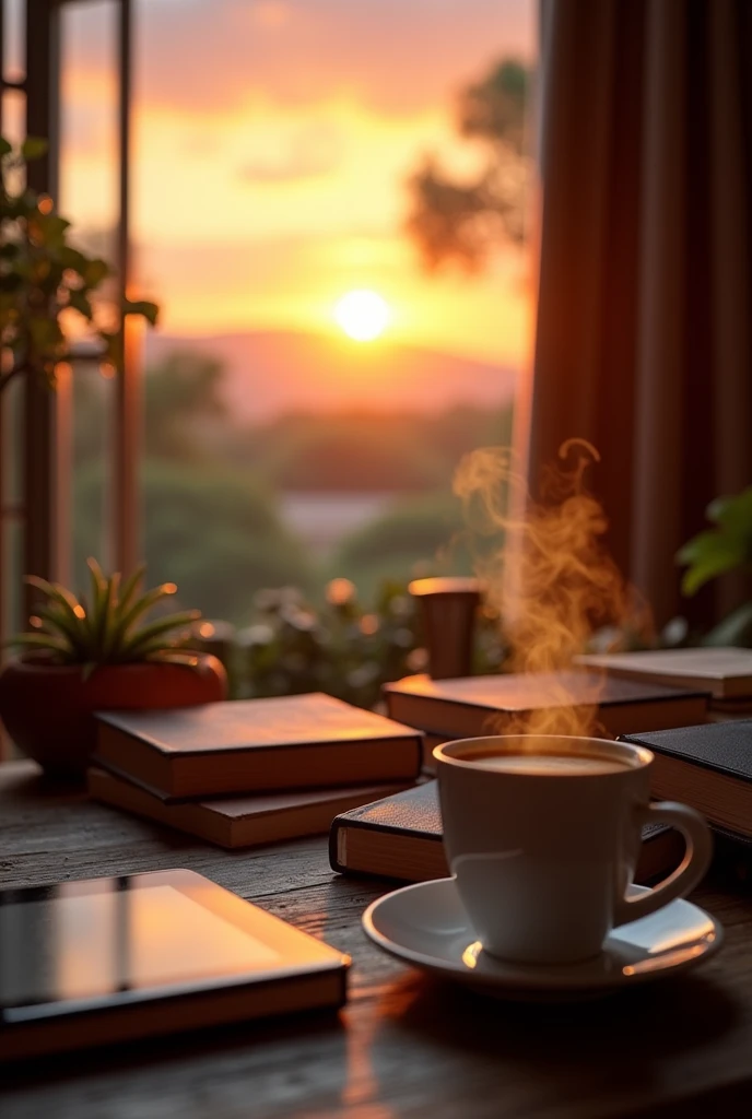 I need an image that says Dareva Books that has a sunset in the background with lots of books, a cup of coffee and a tablet.