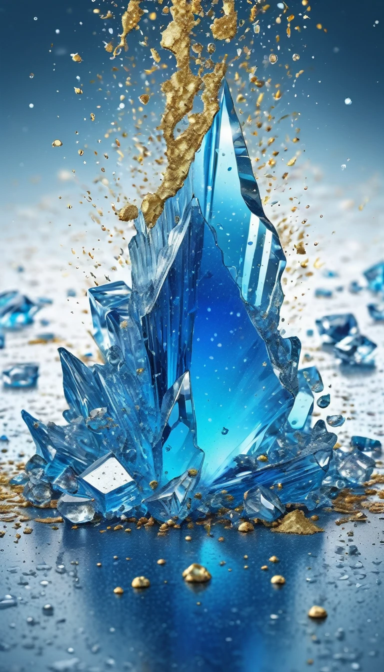conceptual installation art, falling ice drops, shattering on the ground, background iridescent bright metallic blue, (ultra detailed, absolutely resolution, best quality:1.3), 2.5D, delicate and dynamic effects, gold dust glitter effects, artistic photography, hyper realistic, graphic CG digital art