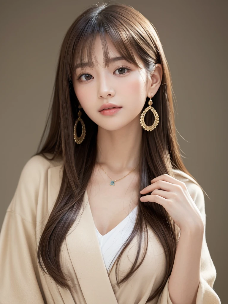((Highest quality, 8k, masterpiece:1.3)), concentrate: 1.2, Perfect body beauty: 1.4, Hips: 1.2, ((Long Hair, chest: 1.2)), (Dry clothes: 1.1) , (clear, Simple Background:1.3), Simple clothes: 1.1, Highly detailed face and skin texture,Delicate eyes, double eyelid, Whitened skin, Rough skin、Long Hair、bangs、Simple earrings、necklace、 solo、Beige coat、White shirt, (((Cute and beautiful Japan)))、 ((Beautiful 20-year-old Japanese))、 ((Baby Face))、 (((Slender body)))、 Upper Body,Face focus、necklace,Simple Background,From above, Realistic Hair、 A photograph was taken:Canon EOS R6、135mm、1/1250 seconds、f2.8、ISO400、(Detailed explanation of the hand)、(Masseter muscle area)、(Exquisite CG)、Long Hair, loose and curly hair、Korean Hair、Long Hair明るいベージュ色、グラデーションハイライトグレージュのゆるふわLong Hairスタイル、