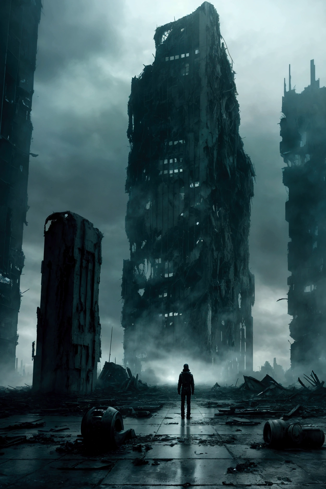 An ultra-realistic depiction of a devastated, ultrafuturistic cityscape in ruins, bathed in dark, muted green and black hues reminiscent of 'Matrix'. The scene should feature a vast, desolate landscape filled with towering, crumbling skyscrapers and massive, eerie debris—remnants of a cataclysmic war between machines and humans. The atmosphere is thick with a cold, oppressive silence, evoking deep feelings of emptiness, solitude, and despair, embodying the essence of 'Midnight Oblivion'. The sky is clouded, with faint beams of light piercing through, barely illuminating the desolate ruins below. Subtle elements of digital decay and glitches flicker across the scene, enhancing the sense of a reality on the brink of collapse.