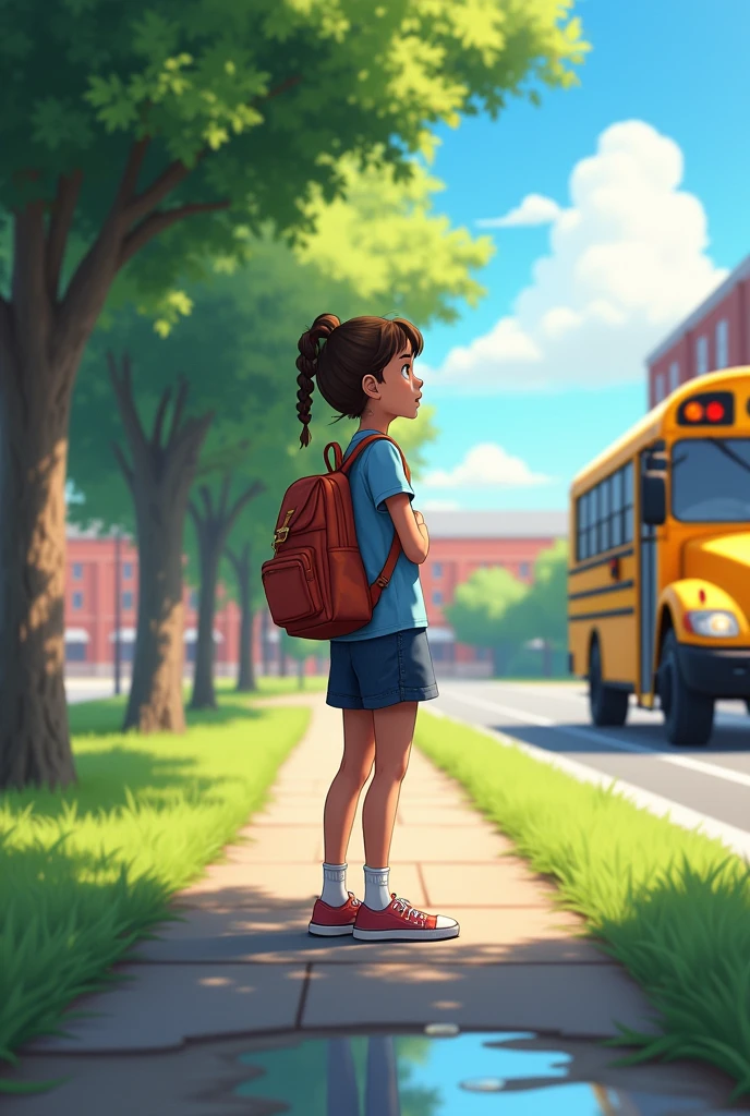 Girl waiting for the bus at a school
