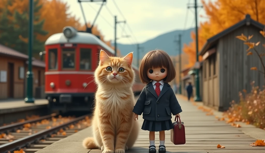 35mm lens，Multiple Angles，~ side，silhouette，Overhead Shot，Cat，Are standing，doll，Carrying a small school bag，Tram，Hokkaido，Autumn Station，Wooden house，platform， Cape,Nguyen Gia,suit,tie, (Delicate face), (High-quality fluffy fur)，（35mm cinema lenses），（Multi-angle shooting），（Wide range of angles）,Cute delivery man