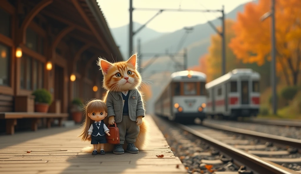 35mm lens,Multiple Angles,~ side,silhouette,Overhead Shot,Cat,Are standing,doll,Carrying a small school bag,Tram,Hokkaido,Autumn Station,Wooden house,platform, Cape,Nguyen Gia,suit,tie, (Delicate face), (High-quality fluffy fur),(35mm cinema lenses),(Multi-angle shooting),(Wide range of angles),Cute delivery man
