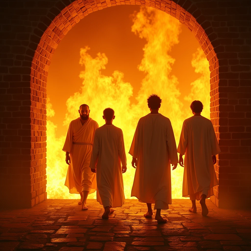 4 men Jesus, inside a fiery furnace without getting burned, brick furnace