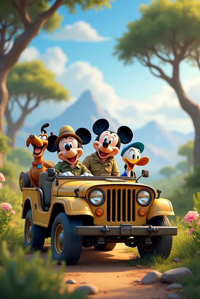 Pluto mickey donald duck disney in safari outfit inside a jeep
