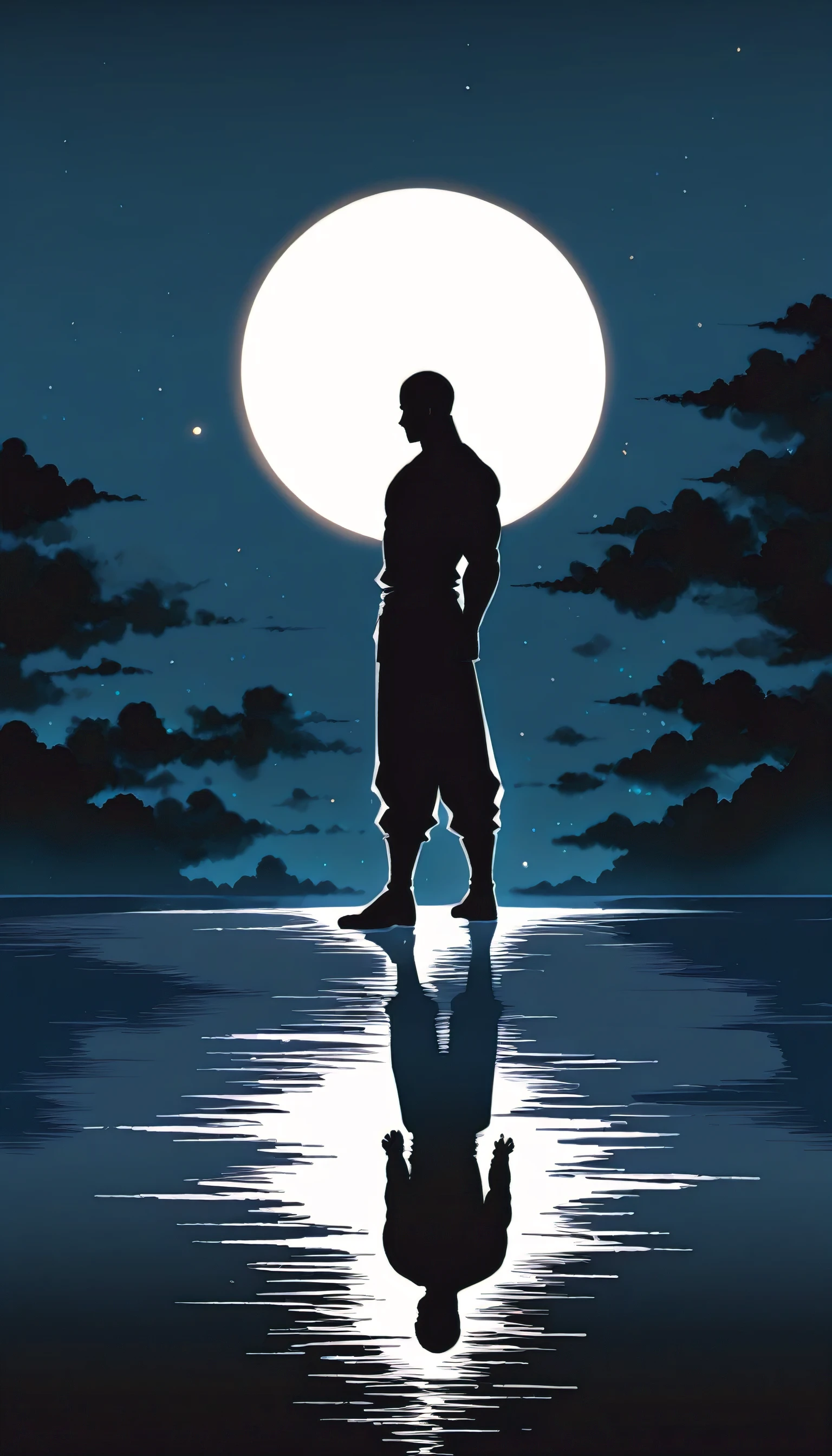 A Strong Buddhist muscular man stands in the smoke, Black jumpsuit, Very tight, Silhouette effect, Tall muscular man, Priapus, Dark Black, Dark black skin, Buzz Cut, His muscles are very developed, Very tall, short hair, Blend into the smoke, Lake, Reflection, Stars, moonlight, Big Moon, Man silhouette, Chinese, black and white, Simple style