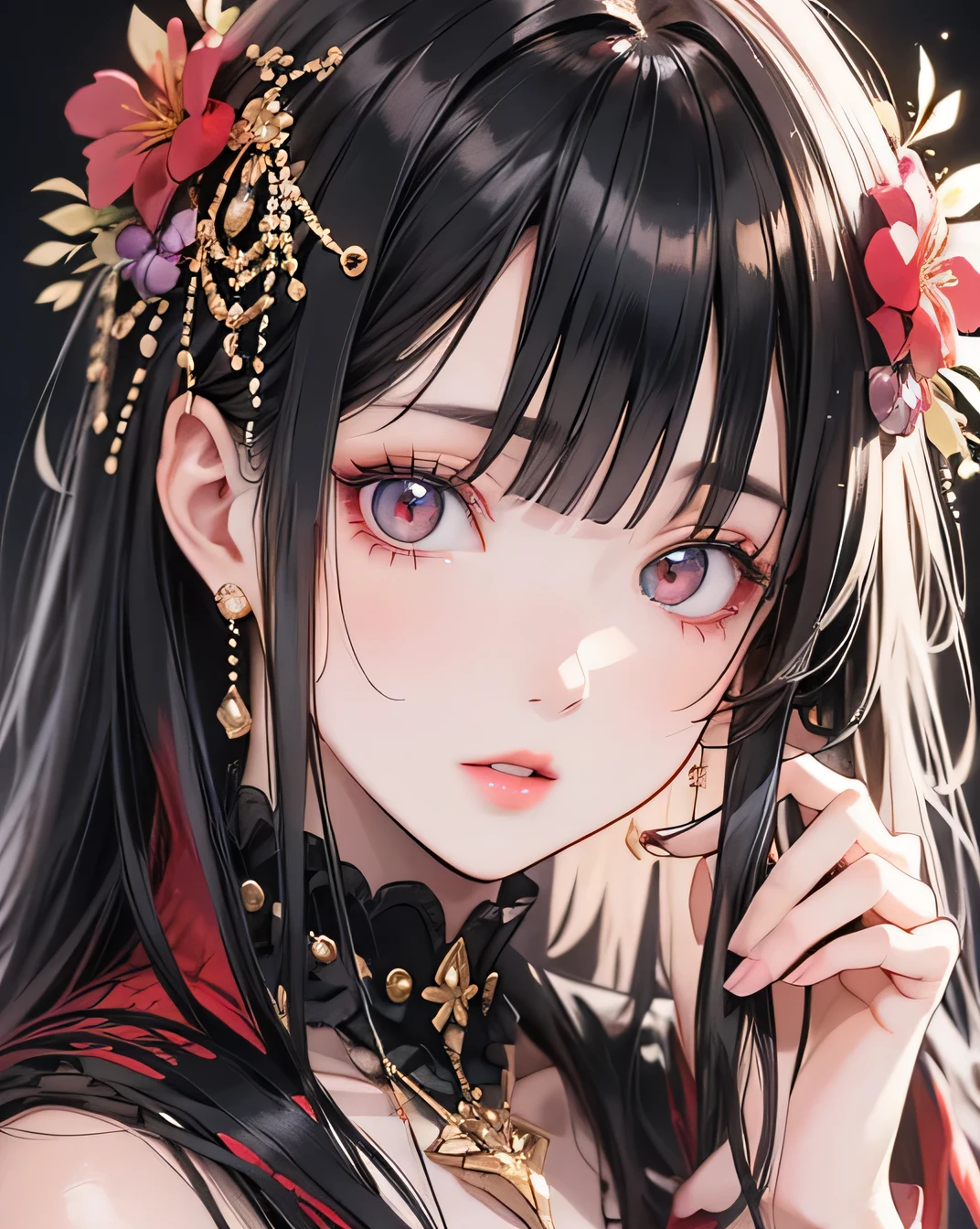 (masterpiece),(Highest quality:1.0), (Ultra-high resolution:1.0), Detailed illustrations, 8k, anime, One person, beautiful anime girl, Wearing a red dress, Flower Crown, Pretty face, Detailed face, Beautiful Eyes, Detailed eyes, Dark red eyes, Bright red lips, Red lipstick, Beautiful and stylish hair, Hair highlights, bangs anime style, Highest quality, Vibrant