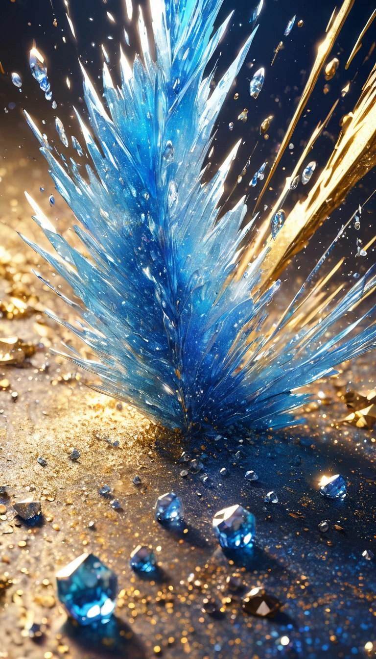 conceptual installation art, falling ice drops, shattering on the ground, background iridescent bright metallic blue, (ultra detailed, absolutely resolution, best quality:1.3), 2.5D, delicate and dynamic effects, gold dust glitter effects, artistic photography, hyper realistic, graphic CG digital art