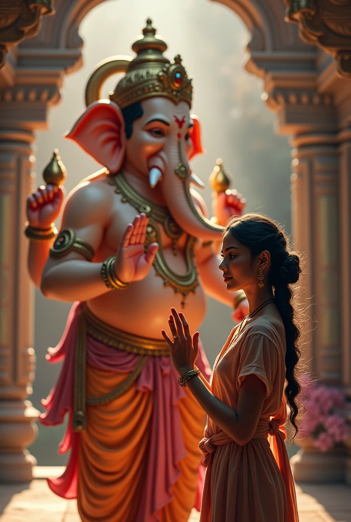 A girl in shirt Name Sonam standing beside Ganpati bappa