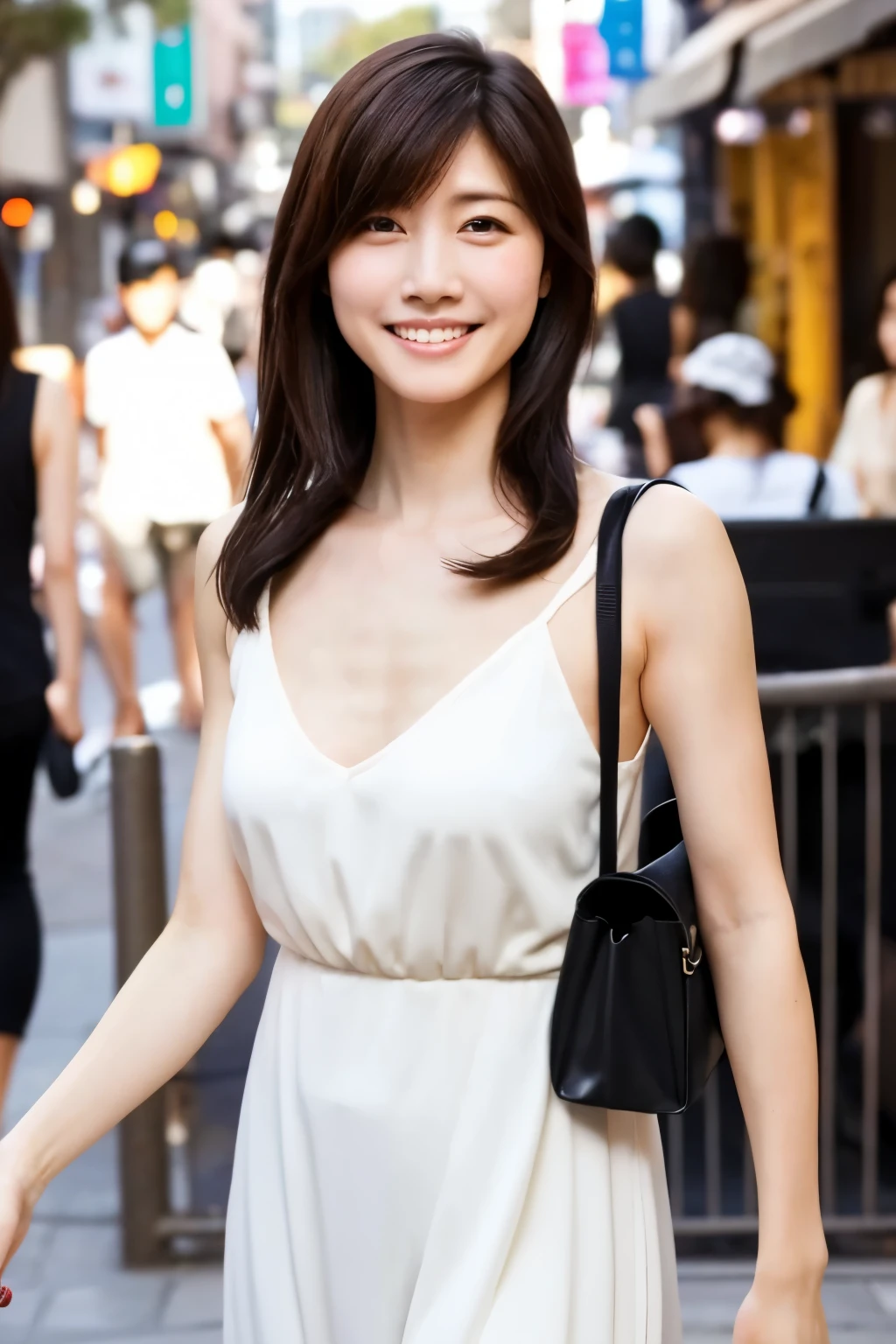 Masterpiece, memorial portrait, Japanese woman, twenty nine years old, slender body, anatomically correct body structure, cute face, slight smile, detailed face, detailed eyes, walking on a street of downtown Los Angels, enjoying a honeymoon