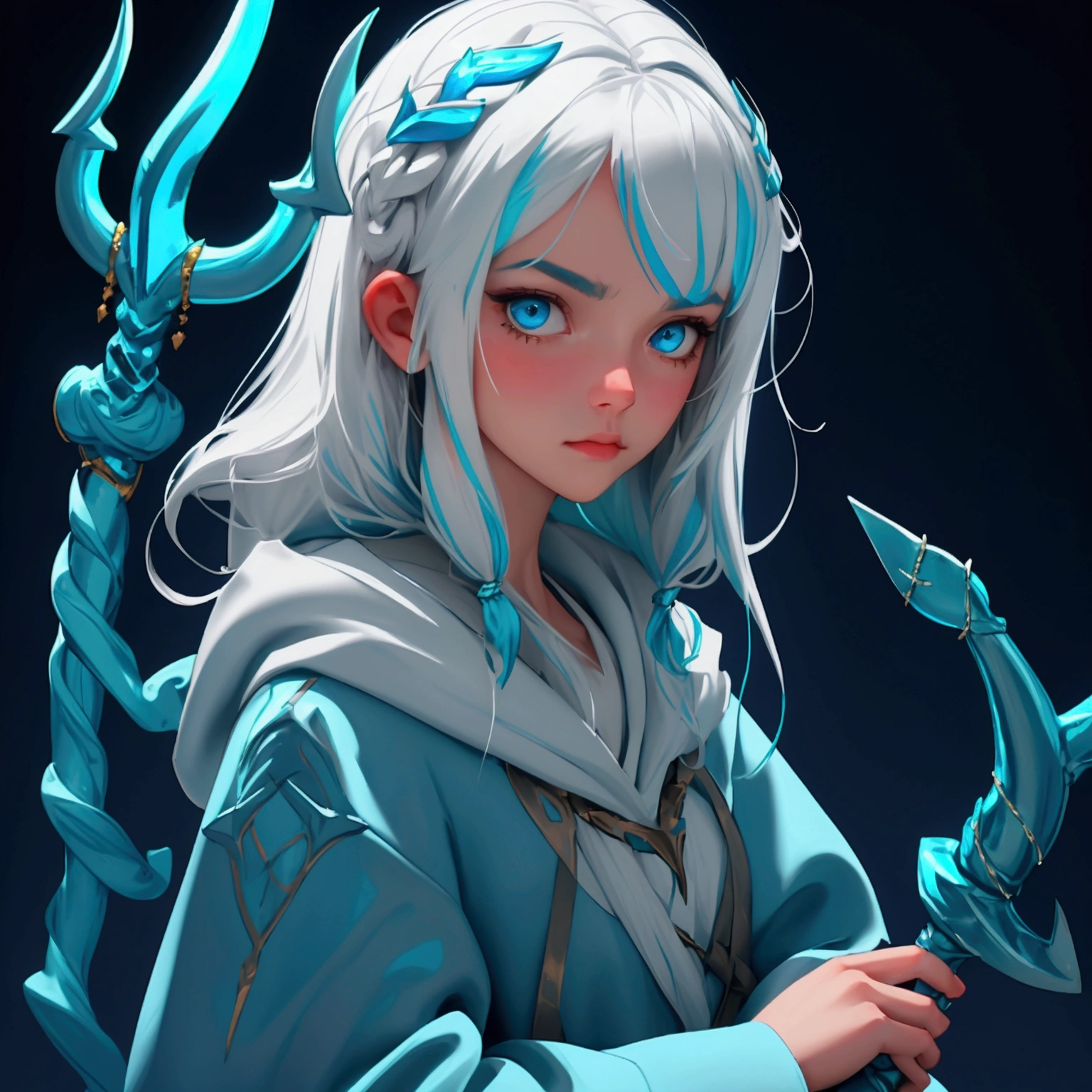 envision a 8k, highres, cinematic, close up portrait of an Atlantean girl named Gawr Gura with shoulder length white hair with blue highlights in a blue shark hoodie holding Poseidon's trident against a dark gray background