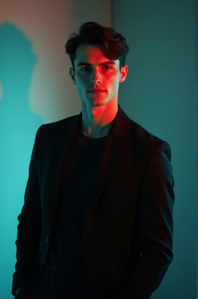 A young man with dark hair . He is dressed in a black blazer over a black
shirt. The man is positioned against aqua colour backdrop with a subtle red lighting on the left side, and he posing for Linkedin profile
